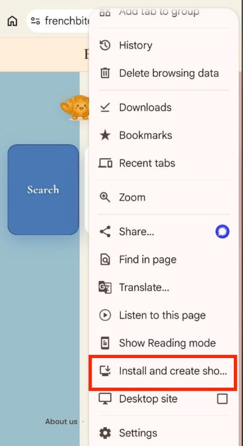 Chrome menu with Install and create shortcut highlighted