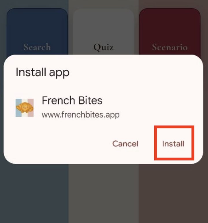 Install app dialog with the Install button highlighted