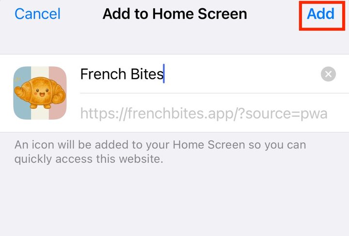 Add to Home Screen confirmation with the Add button highlighted